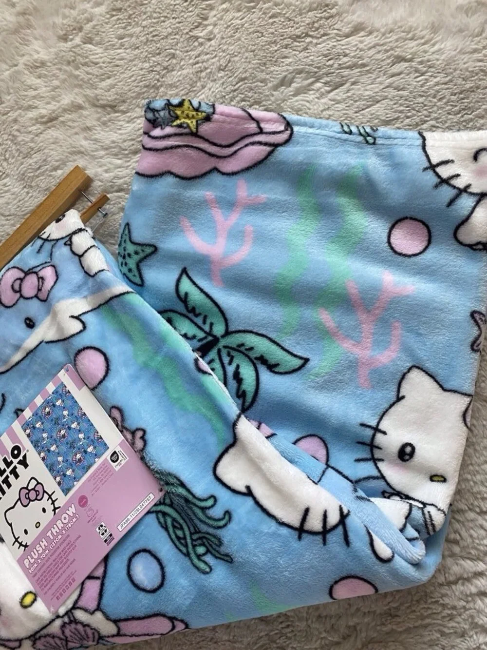 Hello Kitty Mermaid Dolphin Jellyfish Soft Throw Blanket Blue Pink 50” X 70” NEW